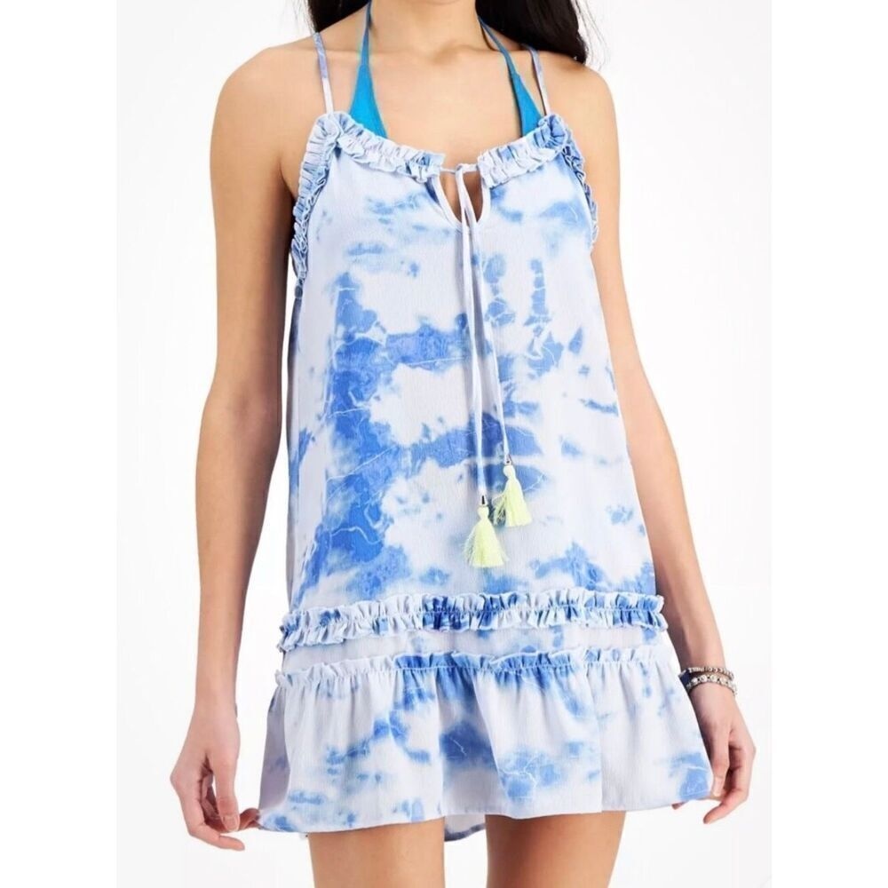 Miken Juniors Ruffled Blue Tie-Dye Boho Tassel Ties Swim Cover-Up Size Large NWT